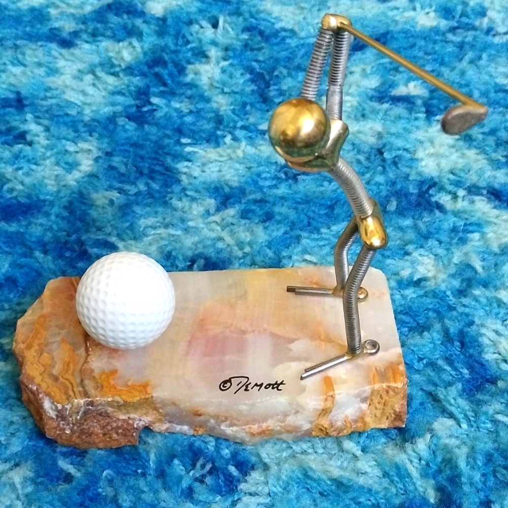 DeMott BRASS GOLF Sculpture on Onyx Marble Base Signed Vintage John DeMott